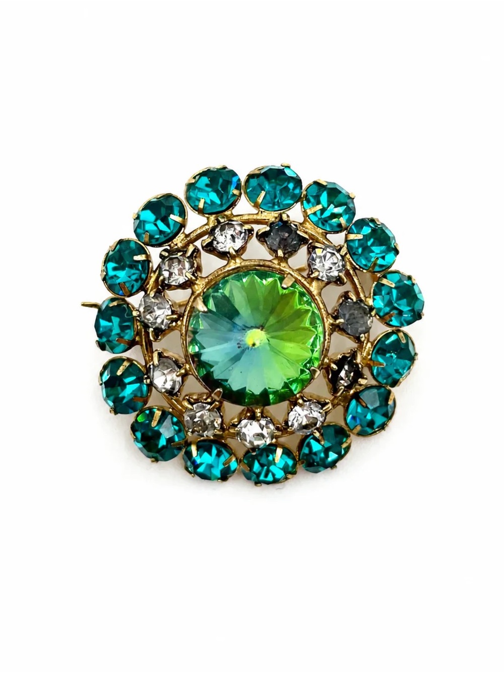 Vintage Emerald Green & Teal Rhinestone Statement Brooch
